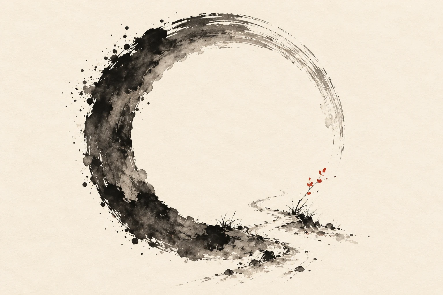 An open ink circle with a subtle path emerging through its opening.
