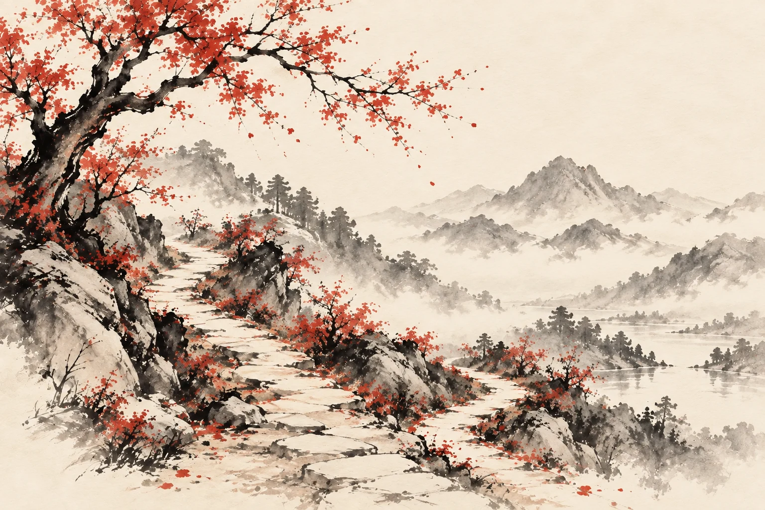 A quiet path separating gently into possibilities among pale mountains.