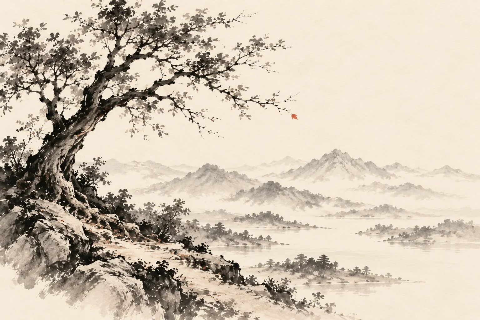 A mature tree beside a wide expanse of untouched landscape.