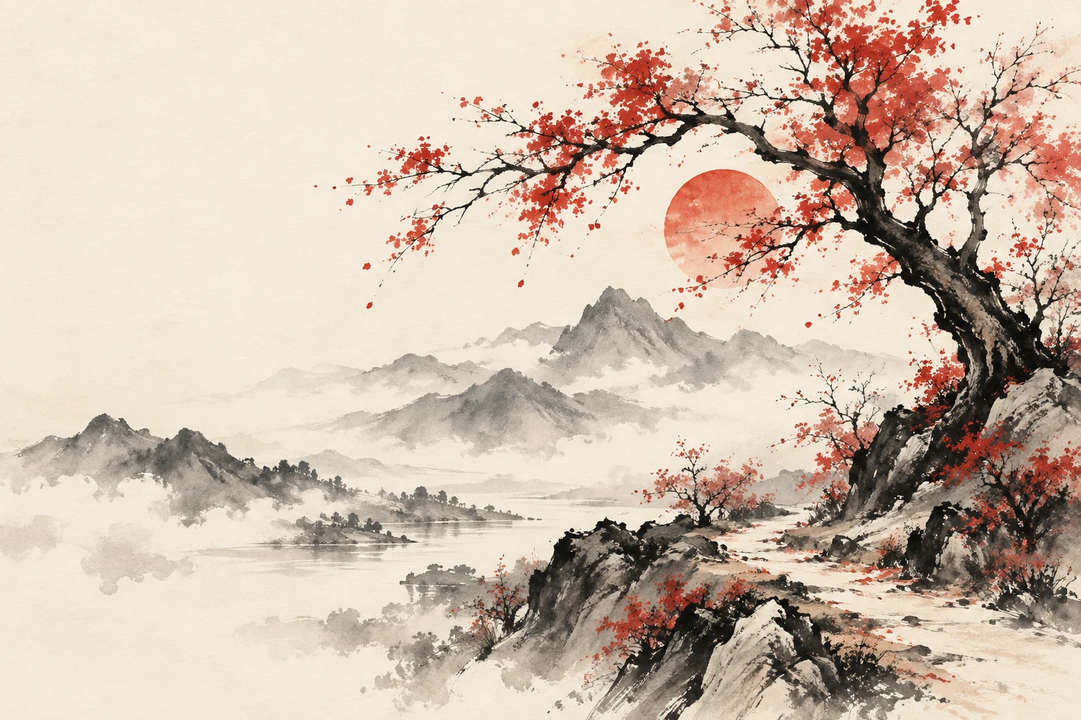 Ink-wash tree overlooking a winding path, distant mountains and a red sun.