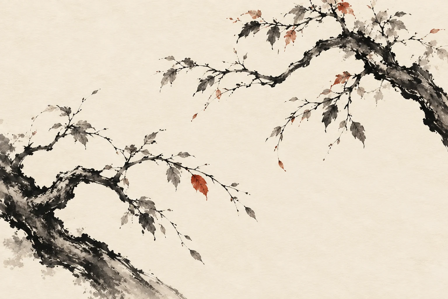 Two organic branches meeting across warm paper in restrained charcoal brushwork.