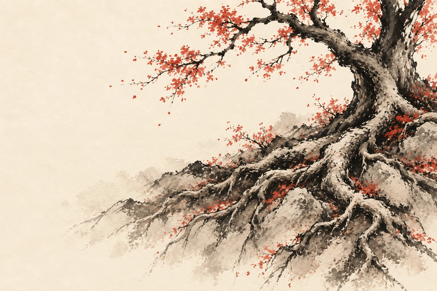 Expressive charcoal roots weaving through pale earth beneath an established tree.