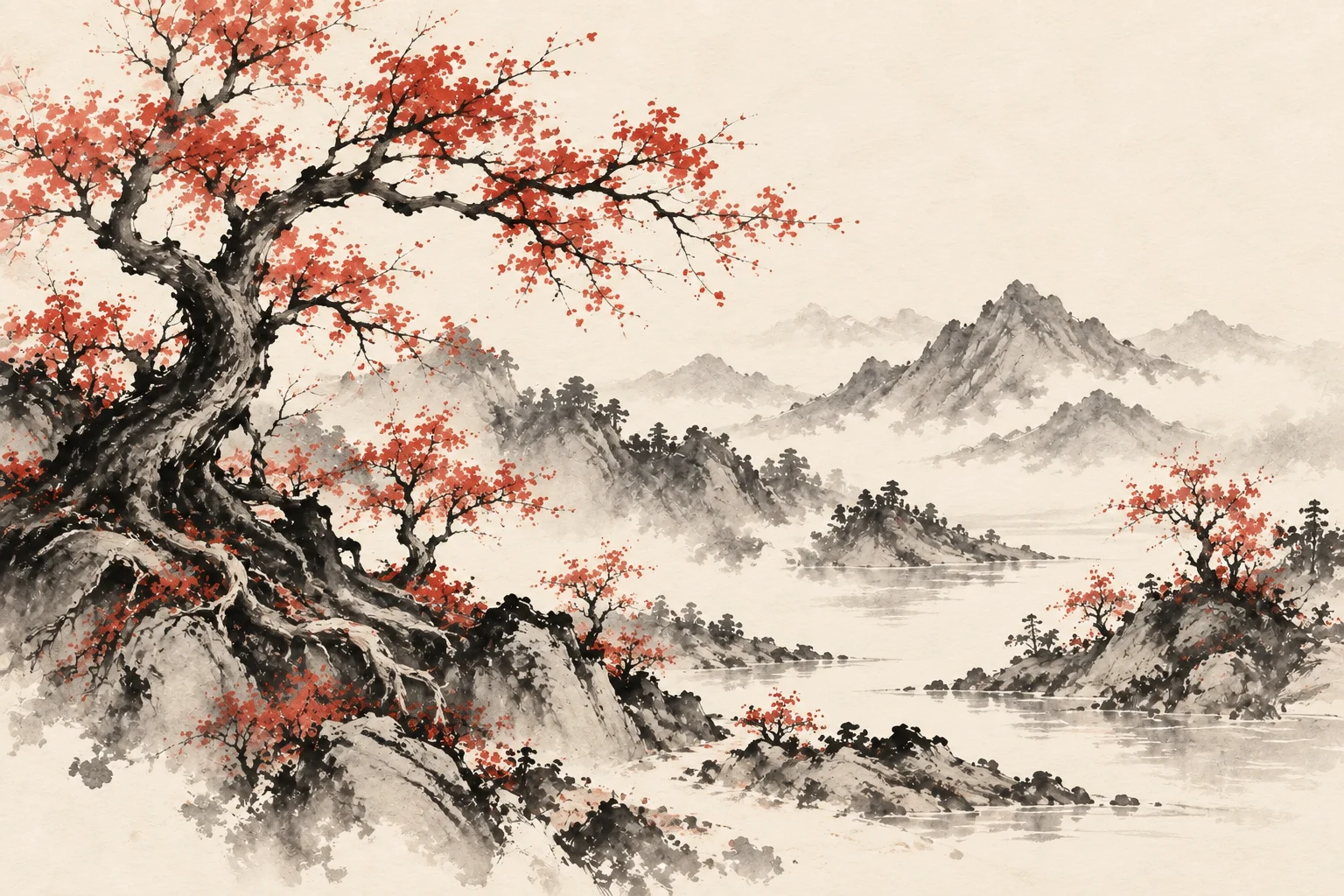 Several distinct trees and roots becoming a wider ink-wash landscape.